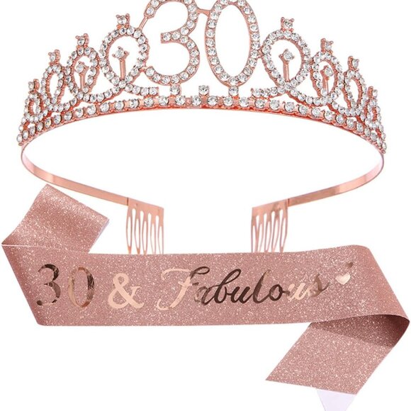 Rose Gold Birthday Girl Sash Tiara Set Rhinestone Crown Celebration Accessories - Picture 1 of 5